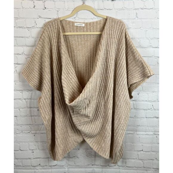 BY ANTHROPOLOGIE beige wool blend rib knit oversized sweater poncho wrap OS - Picture 1 of 9